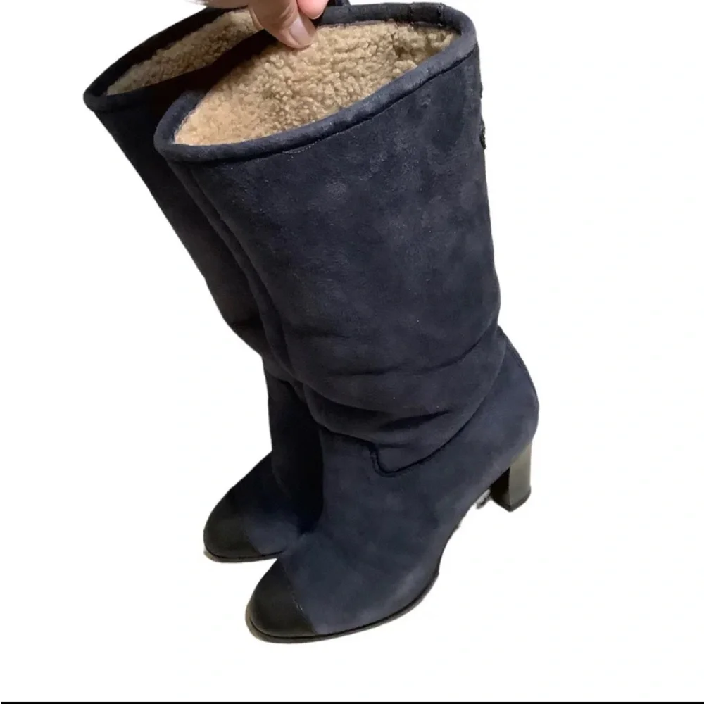 90s’ Vintage Auth. Chanel Shearling CC Logo Tweed Suede Leather Black He… - Picture 2 of 10